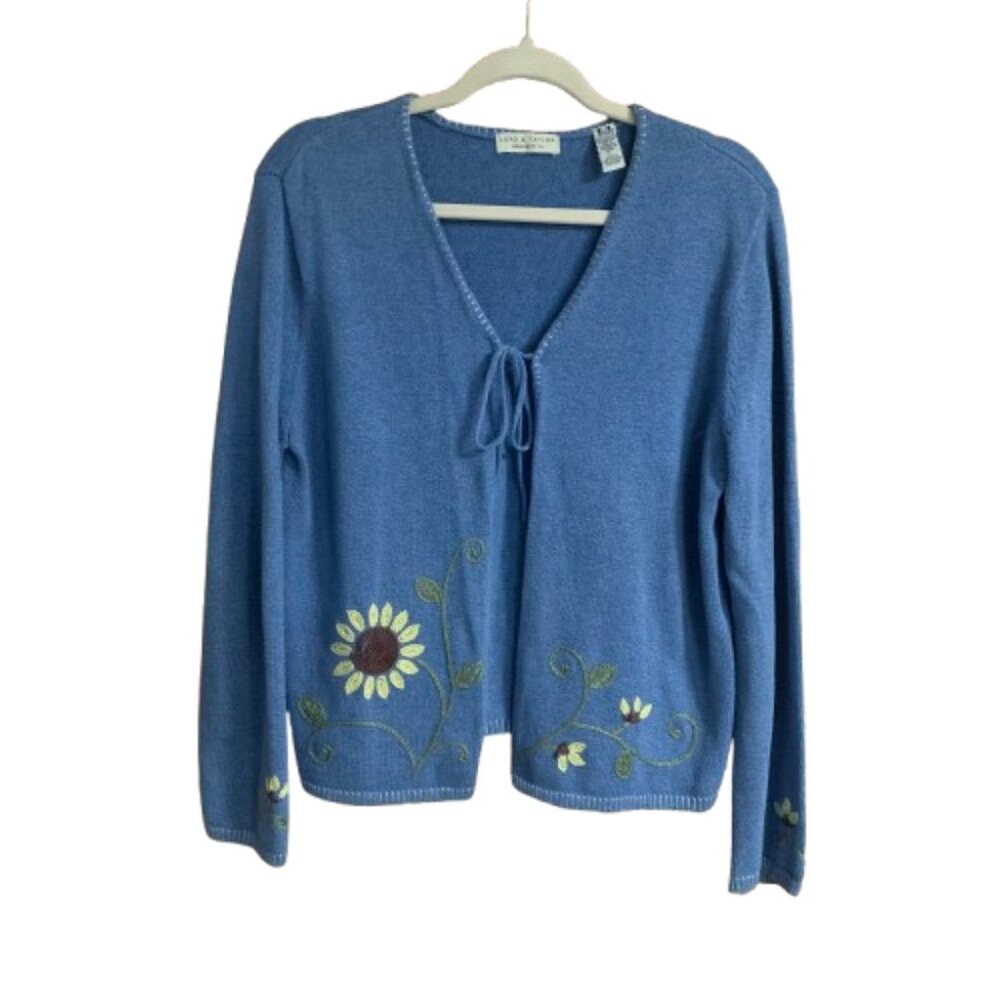 Lord & Taylor Blue Floral Embroidered Women's Large Tie Front Knit Cardigan EUC - Picture 2 of 15